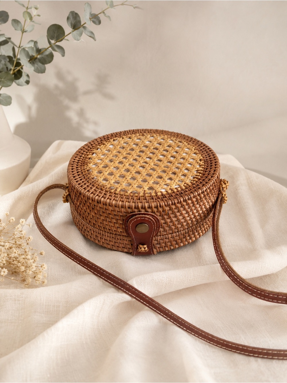 Rattan and Leather Round Braided Bali Crossbody Basket weave Purse Bag